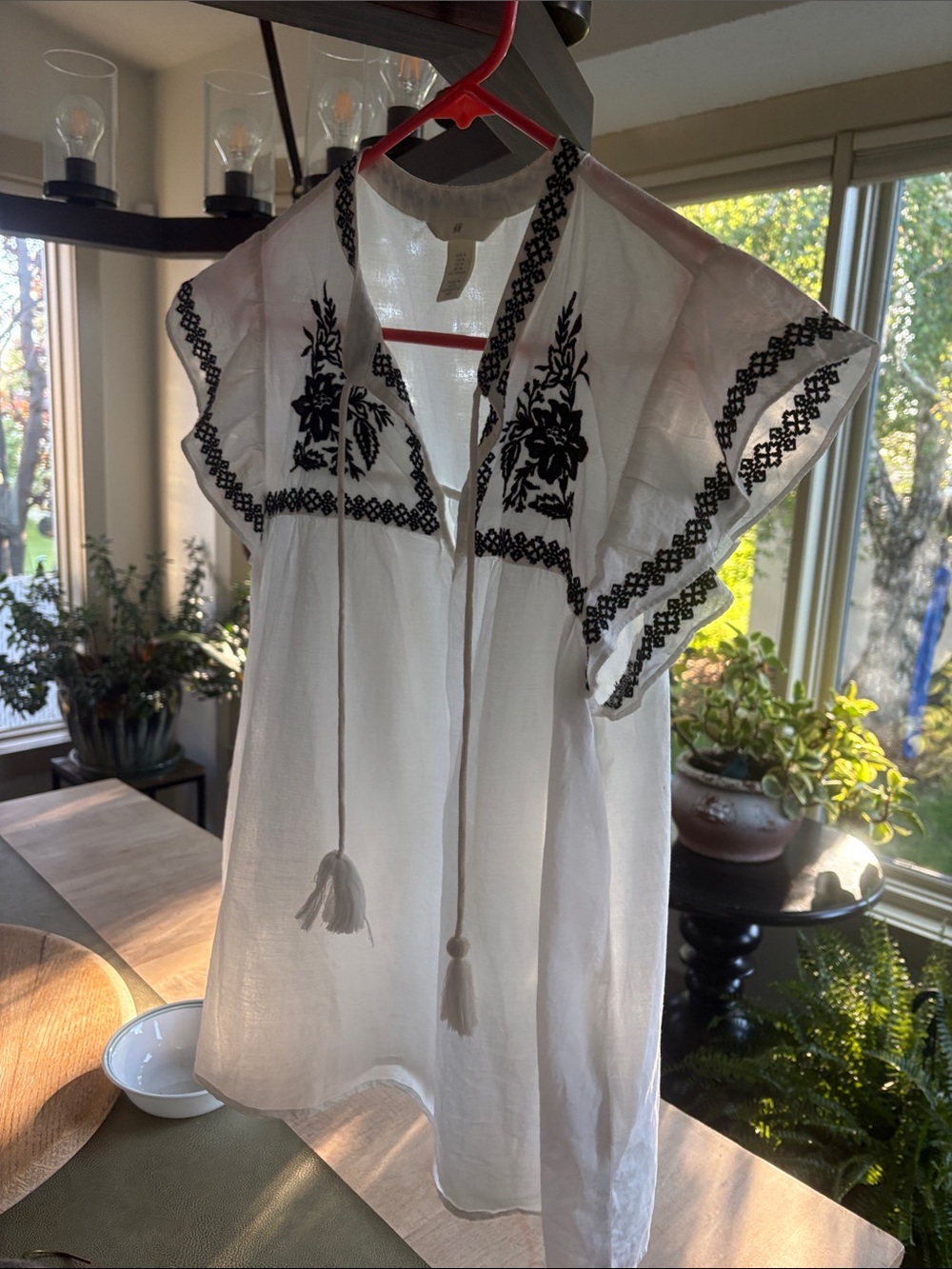 ZARA White Peasant Tunic with Black Floral Embroidery, like new.